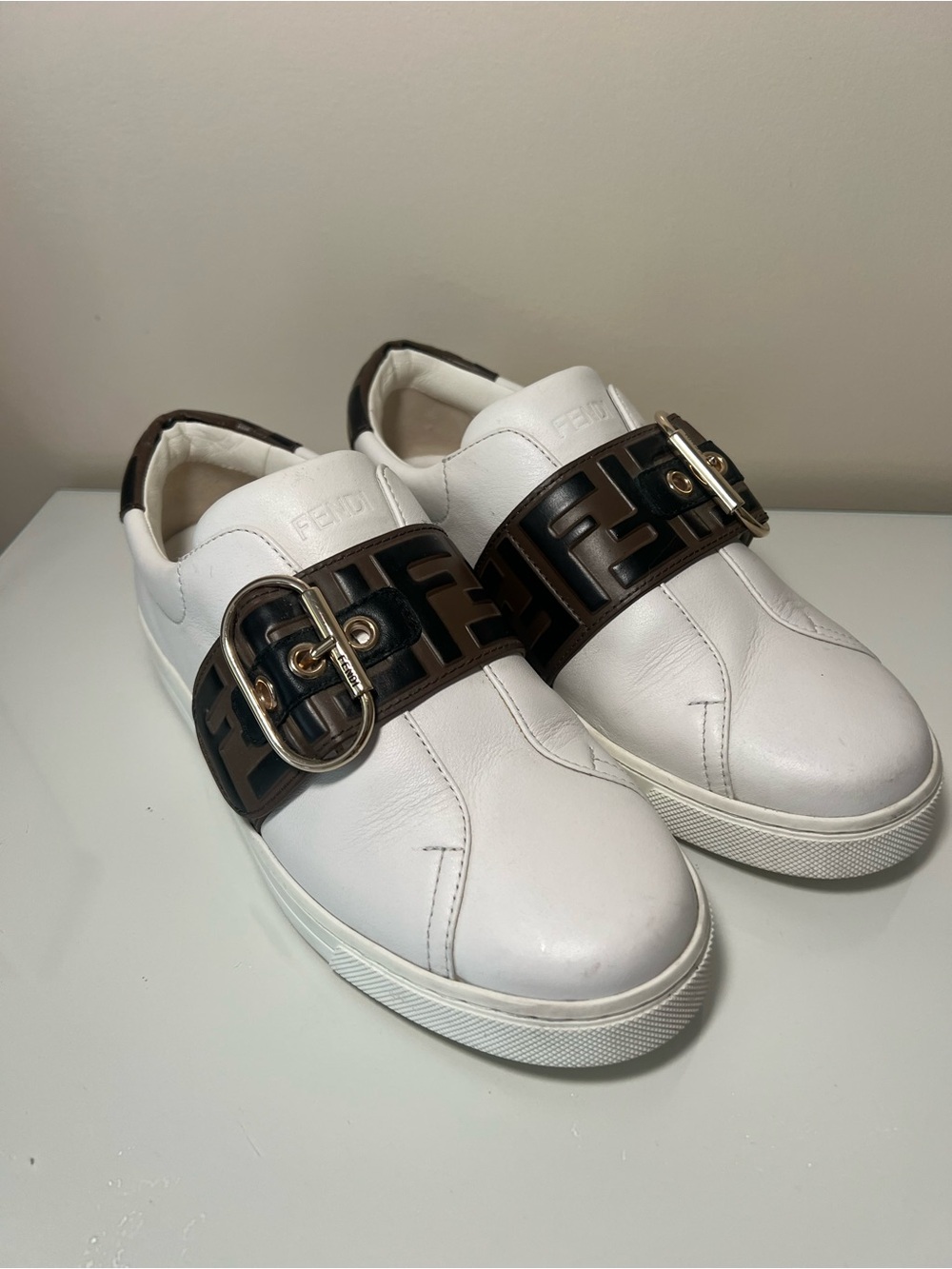 Fendi Zucca FF logo leather buckle sneakers
